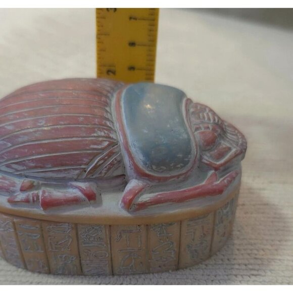 Handcrafted Egyptian-Style Scarab Trinket Box Hieroglyphic  Blue-Red Finish - Picture 12 of 12